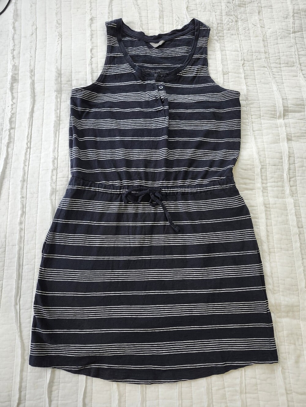 Denver Hayes Black & White Striped Sleeveless Drawstring Tank Cotton Dress M
